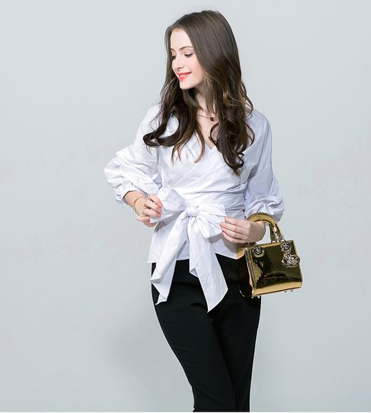 

High Quality Blouse Women Bow Tie Shirt casual V collar shirt European Style Party Clothes Long sleeves