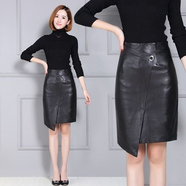 

women slim sheepskin leather skirt, Black