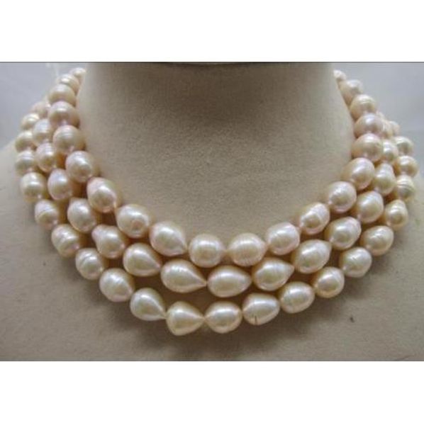 

3 row 11-13mm natural south sea pink spiked rice shape pearl necklace 14k, Silver