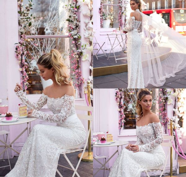 

milla nova mermaid wedding dresses 2019 off the shoulder lace appliqued sweep train button country wedding dress long sleeve bridal gowns, White