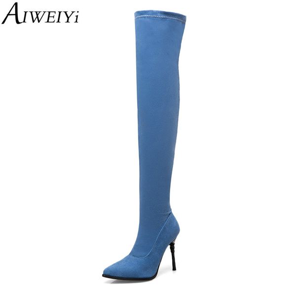 Chaussures Les Aiguilles Bottes Talons Forme Pour AIWEIYi Hauts Chaussures Genou Femmes Au Dessus Acheter À Bout Plate Denim Talons Pointu Du Bleu 6fyg7b