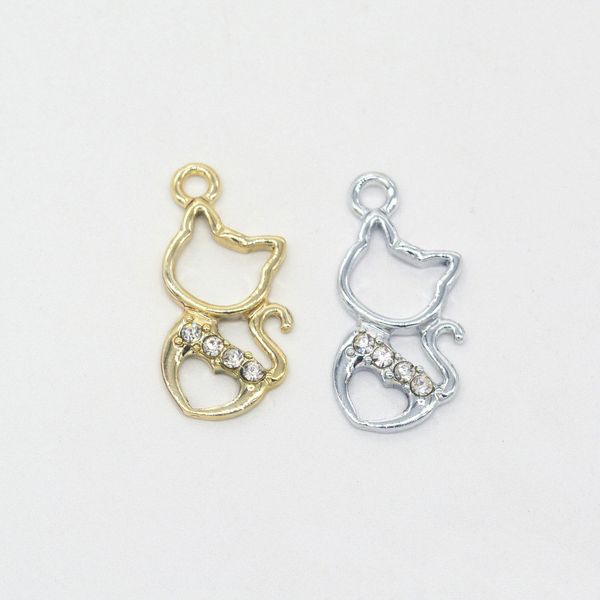 

100pcs/lot rhinestone cute cat charms pendant, 27*13mm gold, silver plated good for craft, jewelry making, Bronze;silver