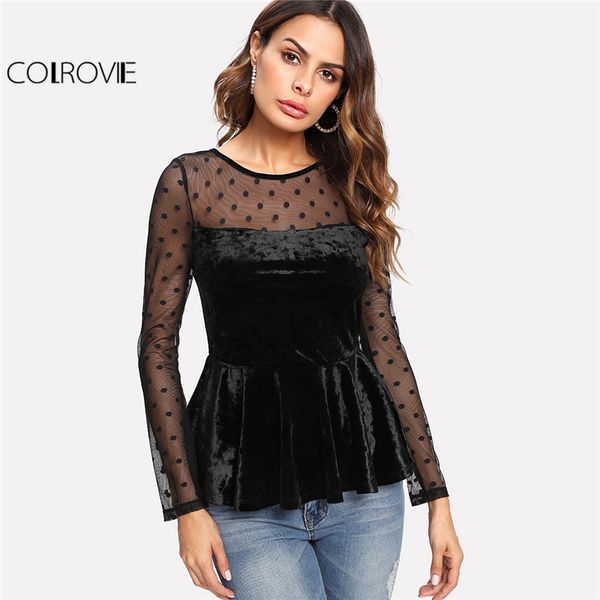 

colrovie black long sleeve blouse 2018 round neck dot mesh shoulder velvet peplum zip women ruffle hem elegant blouse, White