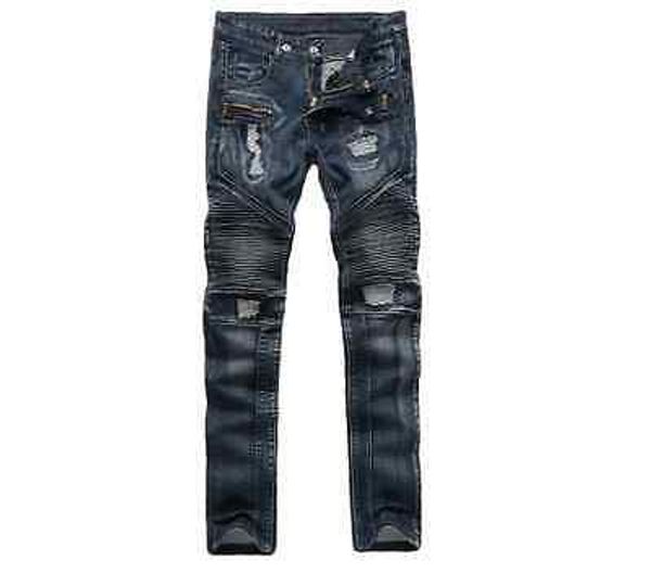 

new fashion style motorcycle cool men moto biker jeans straight slim fit denim pants distressed blue