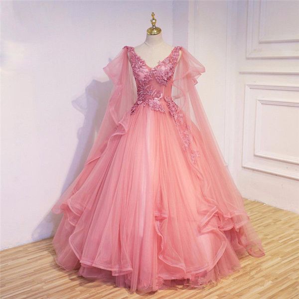 

romantic pink wedding dresses 2019 v neck long wrap sleeves ball gown appliques tulle floor length bridal gowns custom size, White