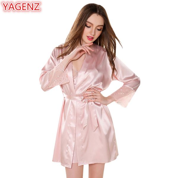 

yagenz sleepwear dress nightdress homewear two piece womens robe sling dress nightwear summer clothes sexy women pijama robe set, Black;red
