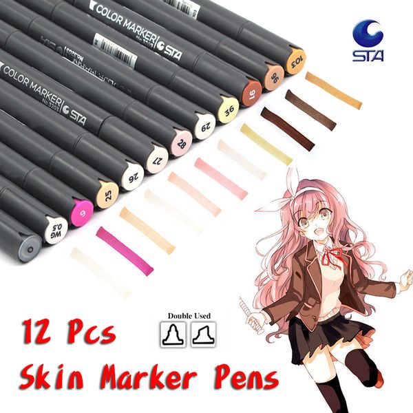 Acheter 12 Couleurs Peau Tons Doux à Double Tête à Base Dalcool Croquis Stylos Marqueur Pour Le Manga Professionnel Dessin Fournitures Dart De