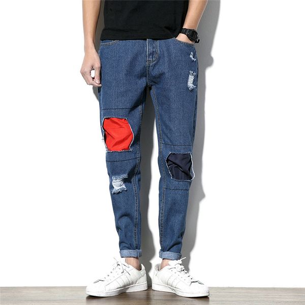 

moruancle fashion men patched jeans pants ripped denim trousers for male distressed jean joggers with patchwork plus size -5xl, Blue
