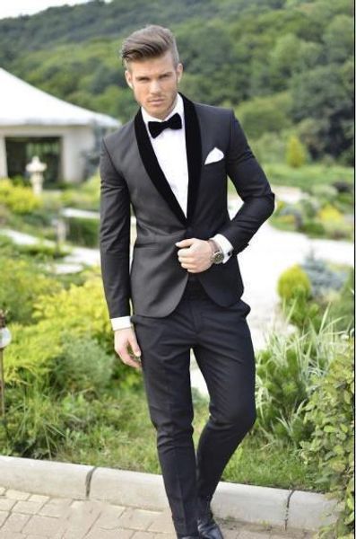 

velvet shawl lapel handsome black men suits 2018 wedding slim fit tuxedos groom 2 piece jacket+pants men suits prom, Black;gray