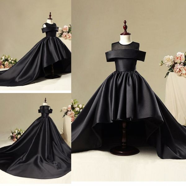 Schwarze Blumenmädchenkleider für Hochzeiten, High-Low-Ballkleid, Festzugkleid für Mädchen mit langer Schleppe
