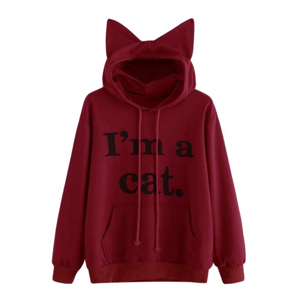 

polyester kawaii letter cat ear cap hoodies women i am a cat print loose hooded sweatshirts cute long sleeve pullovers sudadera mujer, Black