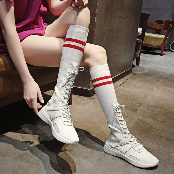 

2018 ins stretch shoes women knee-high knitting socks boots young girls breathable long botas feminino mixed color booties, Black