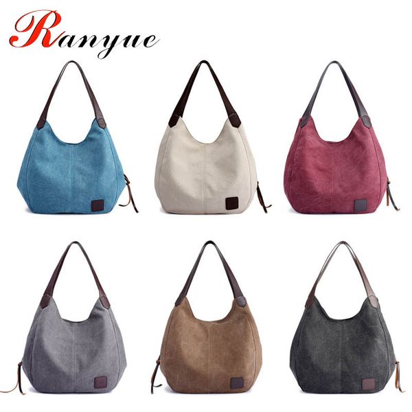 

women's canvas handbags female hobos single shoulder bags vintage solid multi-pocket ladies totes bolsas