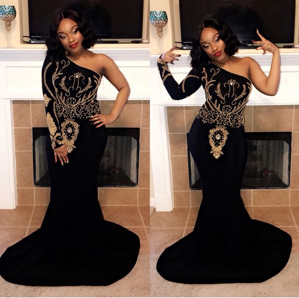 

2018 new black applique evening dresses 2018 one shoulder gold beading sweep train formal dresses evening wear yousef aljasmi abendkleider, Black;red