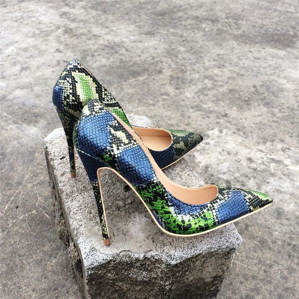 

2019 fashion green python women poined toes snake high heels shoes pumps real leather stiletto heels heeled shoes lady, Black