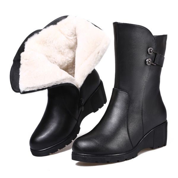 

2018 new winter boot women fashion rhinestone genuine leather women boots warm comfortable wool cotton wedge shoes woman boots, Black