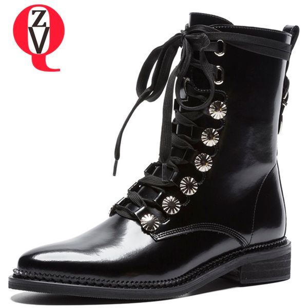 

zvq new concise patent leather round toe med hoof heels cross-tied zipper women shoes black and white mid calf boots