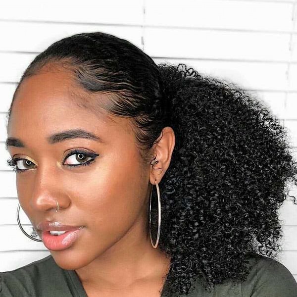 

natural human curly hair ponytail african american short afro kinky curly wrap human drawstring puff pony tail hair extensions, Black