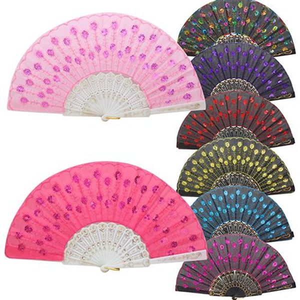 

Chine e folding peacock hand fan bead fabric decor colored embroidered flower pattern black white cloth folding hand fan