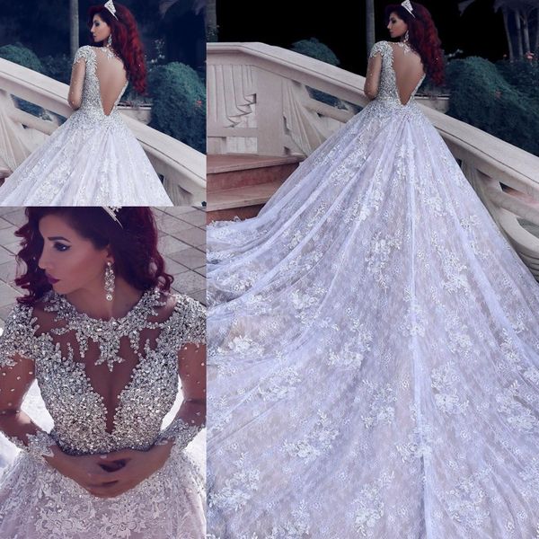 

2018 Latest Luxury Beading Long Sleeve Muslim Wedding Gowns With Long Train Sequined Lace Wedding Dresses Turke Robe De Mariage