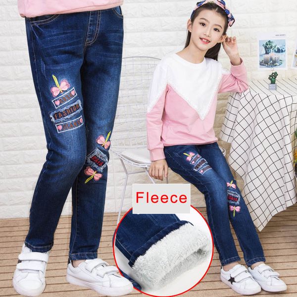 

teenage girls denim jeans 2018 autumn winter kids cotton elastic pants leggings fleece thicken warm embroidered jeans 3-12 years, Blue