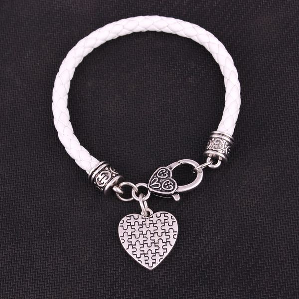 

autism style jewelry women men heart bracelet white leather chain jigsaw puzzle pattern zinc alloy provide dropshipping, Golden;silver