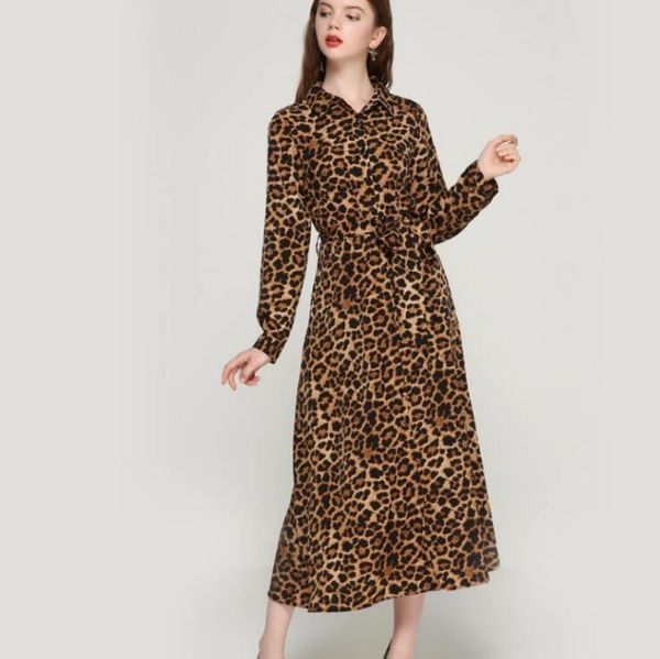 

women leopard print ankle length dress bow tie sashes long sleeve retro ladies casual chic dresses vestidos, Black;gray