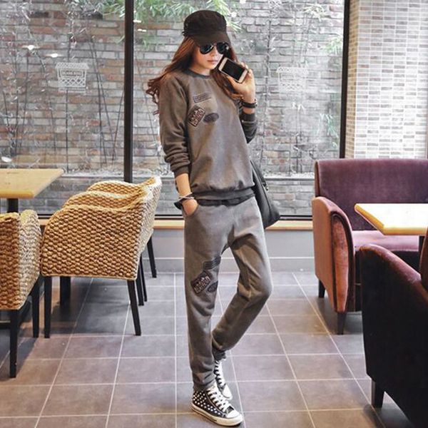 

women tracksuit sporting suit winter fur fleece sweater sweatshirt+pants casual jogger running set sportswear 2pcs, Black;blue