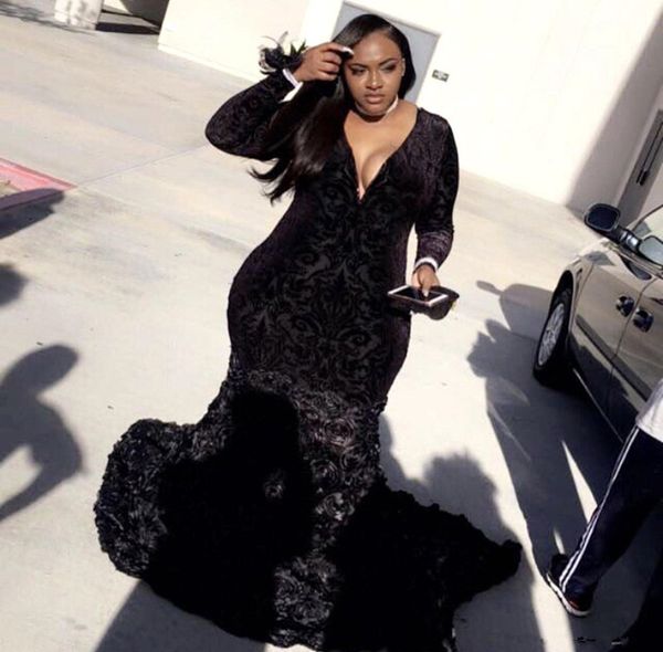 

plus size african black girls mermaid prom dresses 2018 black lace long sleeves handmade flowers evening party gowns