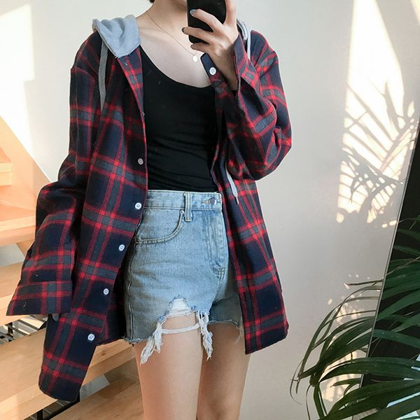

3colors 2017 autumn new arrival bf style faux two pieces hoodies plaid shirts womens blouses womens (f439, White
