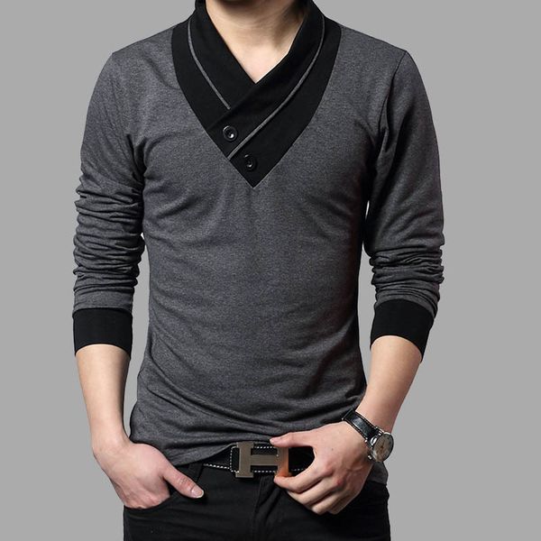 

knitted brand trend slim fit long sleeve t shirt men patchwork collar tee v -neck men t -shirt cotton t shirts plus size, White;black