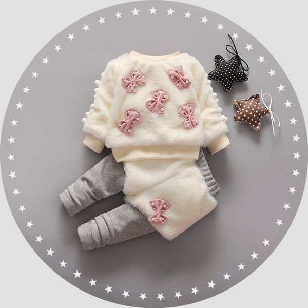 

noble white pearl bow decoration elegant girl's clothes winter christmas comfort fleece warm baby kids clothing set