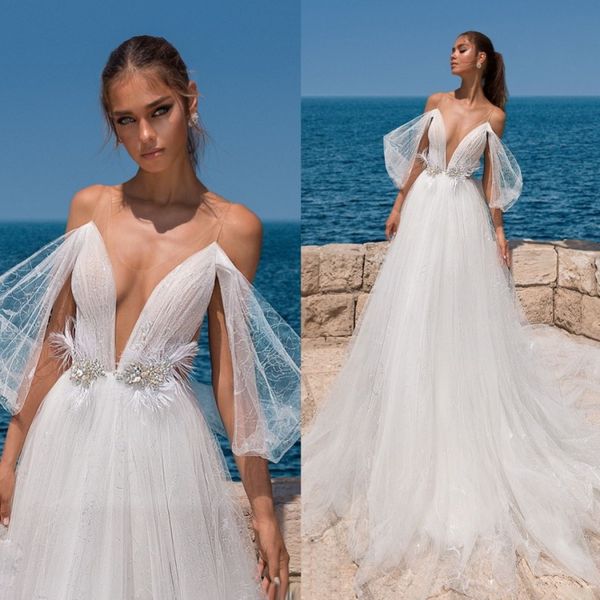 

elihav sasson beach a line wedding dresses sheer v neck bridal gowns puffy sleeve sweep train lace wedding dress, White