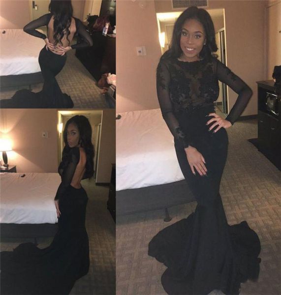 

black lace prom dresses with long sleeves appliques backless mermaid long illusion bodice evening dresses party gowns