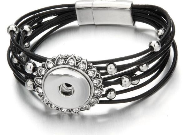 

6pcs/lot handmade genuine leather rhinestone charm bracelet noosa button snap button charm bracelet fit 18mm charm diy jewelry accessorie, Golden;silver