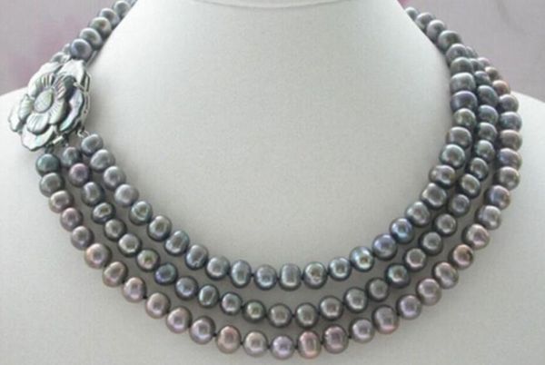 

beautiful noble 3strands 7-8mm grey freshwater pearl necklace flower shell clasp, Silver