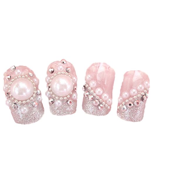 

24pcs/box 3d finished fake nails art pearl flash drill artificial nail beautiful false nails fake fingernails manicure, Red;gold