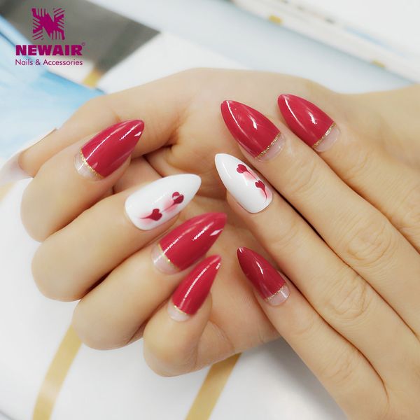 

stiletto false nails with design long fake nail tips 24pcs women finger nail art, Red;gold