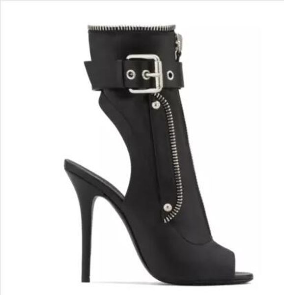 

2018 spring european and american new fish mouth belt buckles shoes hollow zipper shoes fashion high heels female cool boots, Black