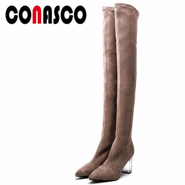 

conasco 1new women over the knee boots autumn winter warm high heels shoes woman crystal heels zipper party dancing boots, Black