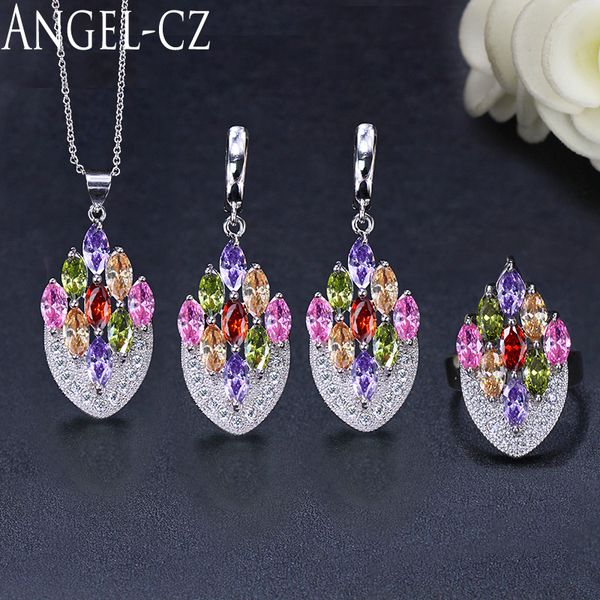 

angelcz natural red pink green cubic zirconia stone 925 sterling silver bridal necklace 3 pcs set elegant wedding jewelry aj086