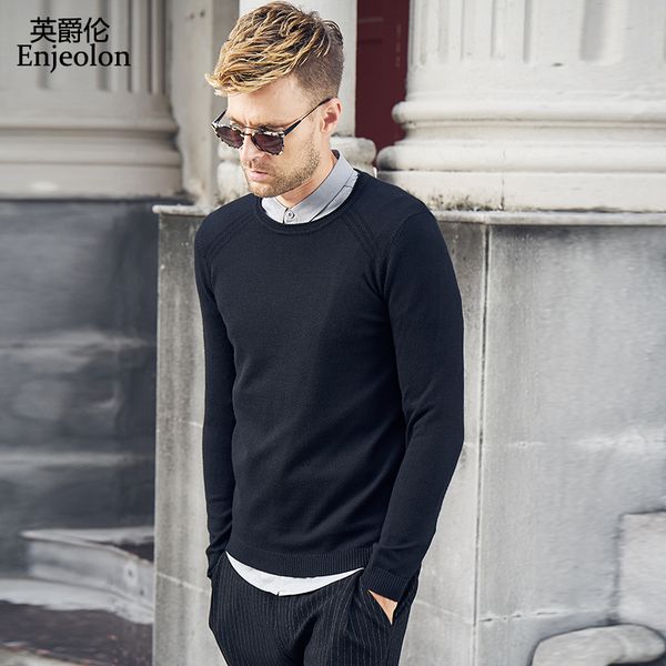 

enjeolon brand winter new knitted pullover sweaters man o neck sweater men 5 color solid pullover 3xl sweater men my3420, White;black