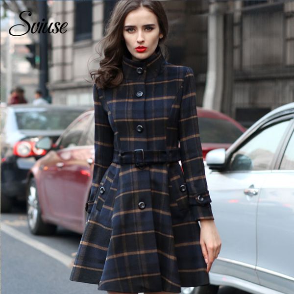 

women plaid wool blend coat autumn winter classic single breasted woolen long coat with belt female casual elegant warm overcoat, Black