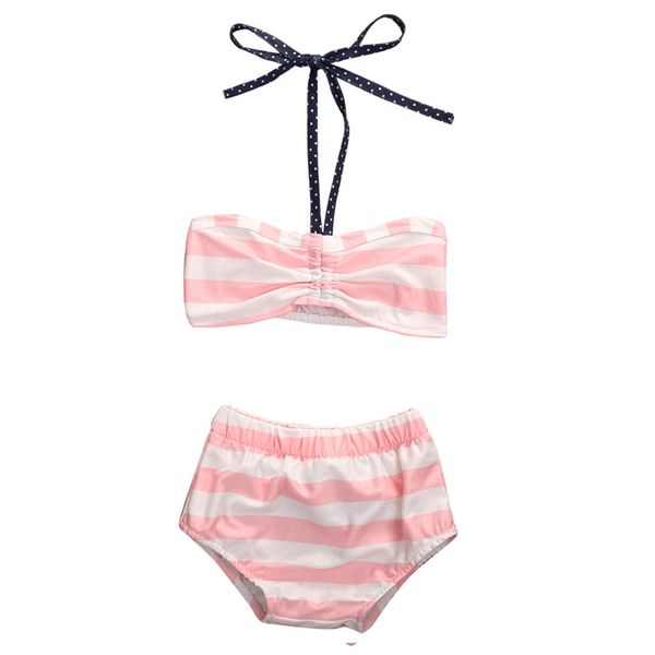 2021 Cute Bowknot Striped Pink Swimsuit Summer Children Split Swimsuit ...