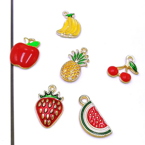 

200 pcs/ lot enamel fruit charms pendant, gold tone plated watermelon, cherry, strawberry, pineapple trinkets,apple, bananas, Bronze;silver
