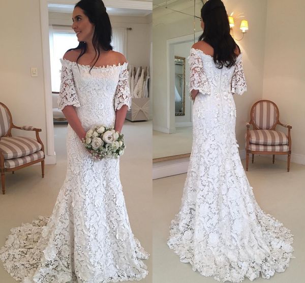 

старинные кружева половина рукава свадебные платья свадебное платье 2018 с плеча развертки поезд слоновой кости чешский пляж свадебные плать, White