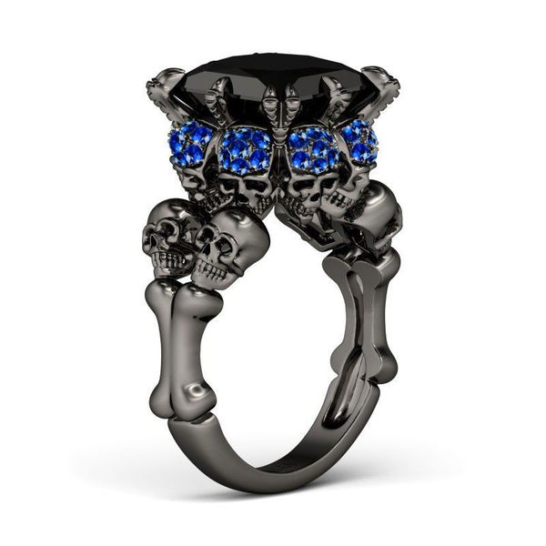 Moda Punk de jóias por atacado nova marca 10KT Black Gold Filled Banda Crânio Big Blue Sapphire Diamante Mulheres anel de casamento caixa de presente