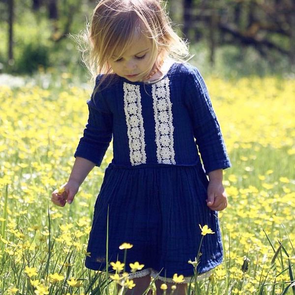 

Baby girl clothing dress round collar long sleeve lace design patchwork dress spring fall 100% cotton comfortable dress