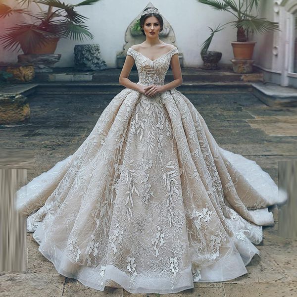 

said mhamad off-the-shoulder full lace applique wedding dresses ruffle short sleeve sweep train bridal's gown ship, White