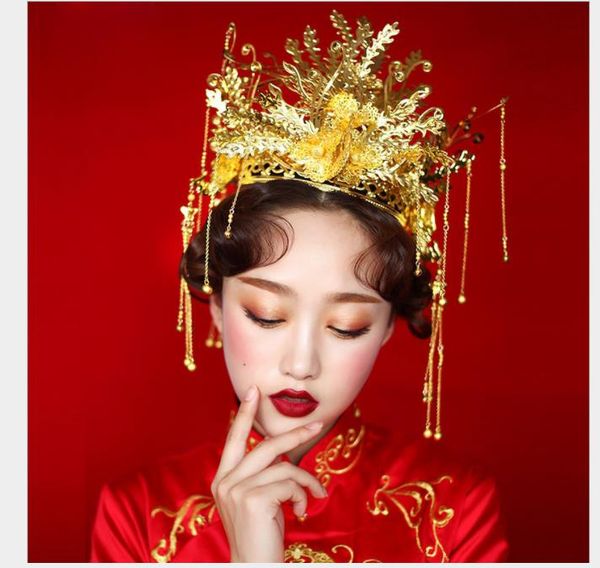 

bridal headwear, costume, chinese hair accessories, wedding set, phoenix crown, toast, accessories, dragon and phoenix dresses and accessori, Slivery;golden